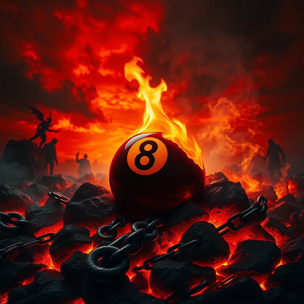 An 8 ball nestled in a fiery, hellish landscape, surrounded by glowing embers and dark, swirling smoke