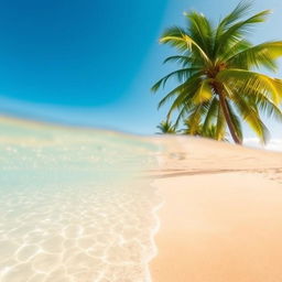 A serene summer beach scene featuring lush coconut trees swaying gently in the warm breeze