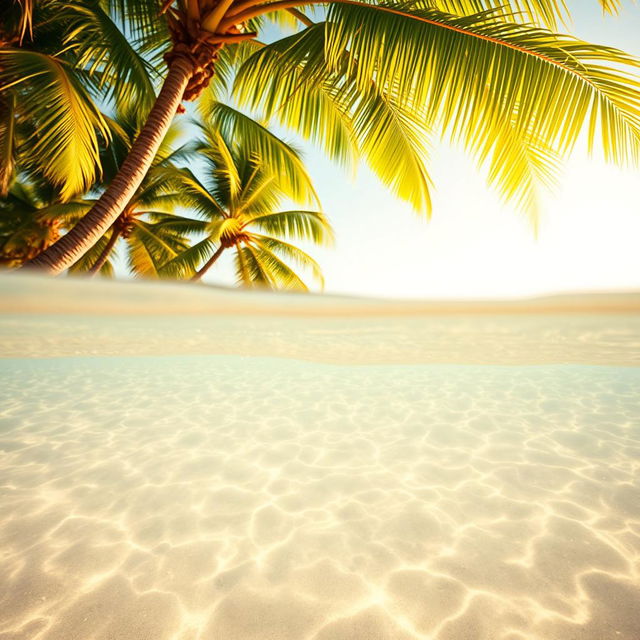 A serene summer beach scene featuring lush coconut trees swaying gently in the warm breeze
