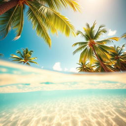 A serene summer beach scene featuring lush coconut trees swaying gently in the warm breeze