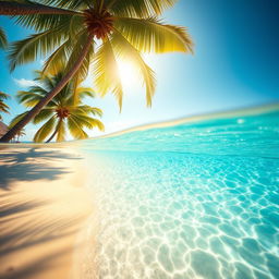 A serene summer beach scene featuring lush coconut trees swaying gently in the warm breeze