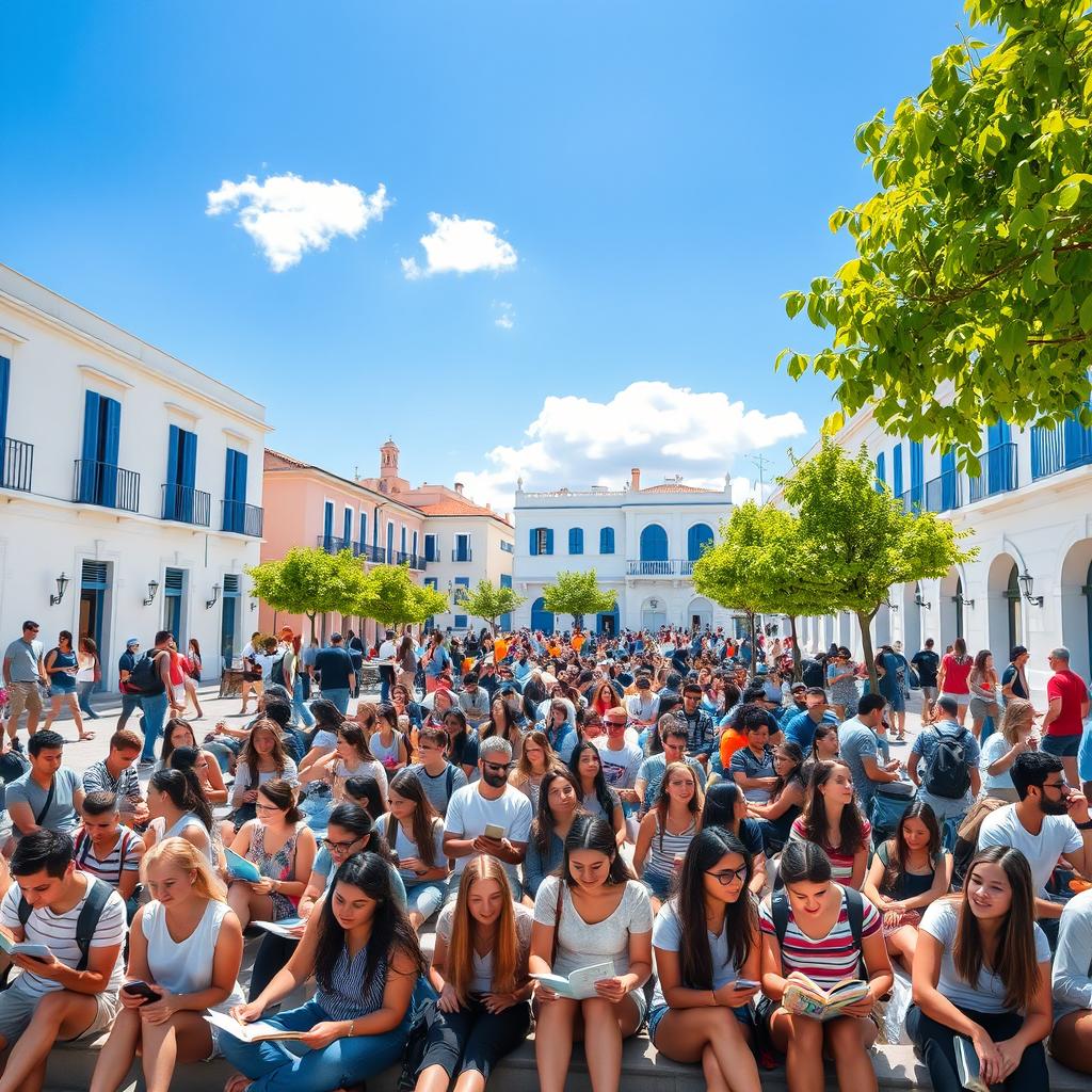 A vibrant scene capturing a diverse group of 100 university students from Greece, sitting in an outdoor plaza surrounded by classic Greek architecture with white buildings and blue accents