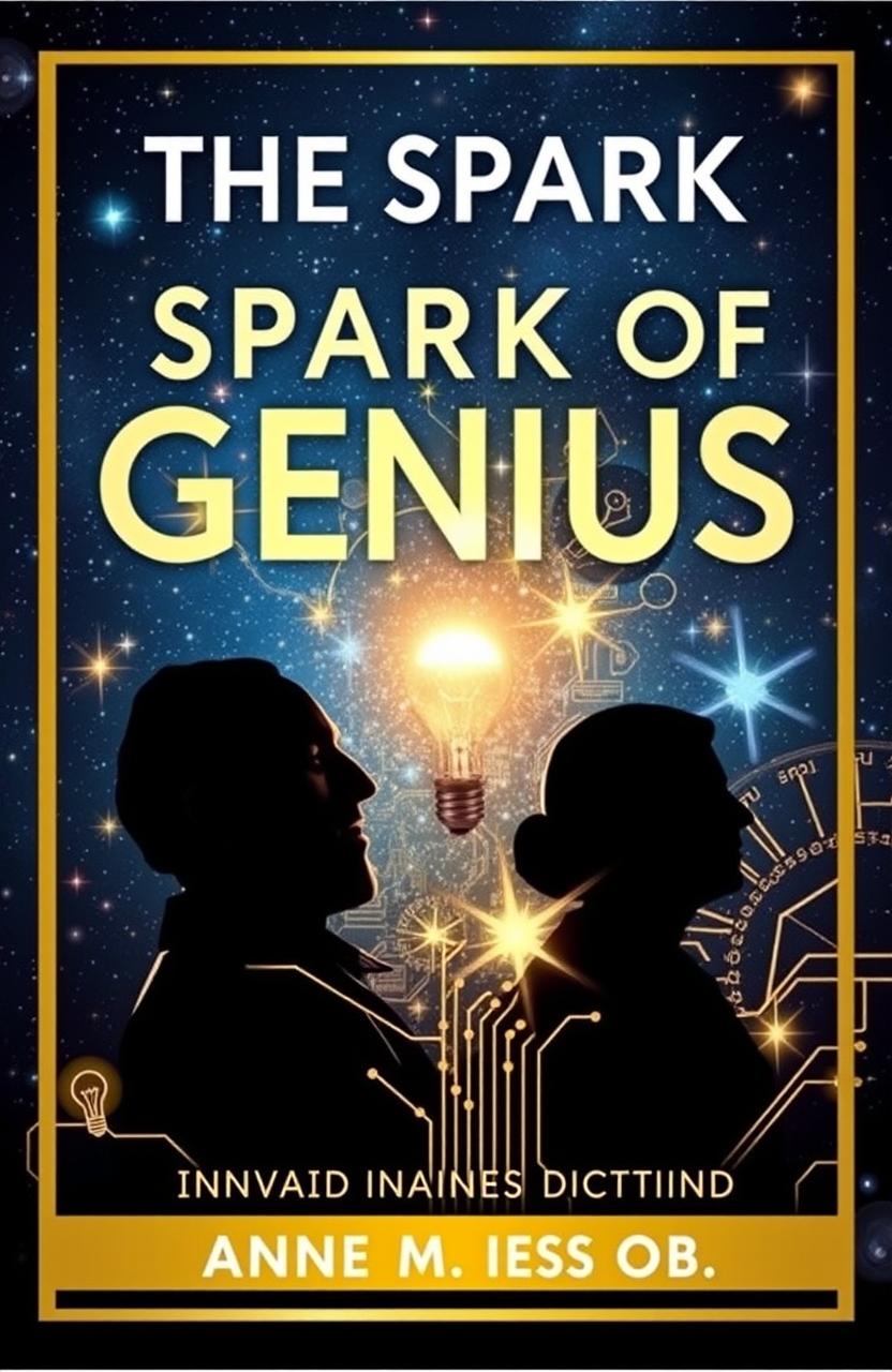 A visually striking cover design for 'The Spark of Genius: Innovations and the Minds Behind It', showcasing a dazzling blend of iconic inventions like the light bulb, the wheel, and a computer circuit board