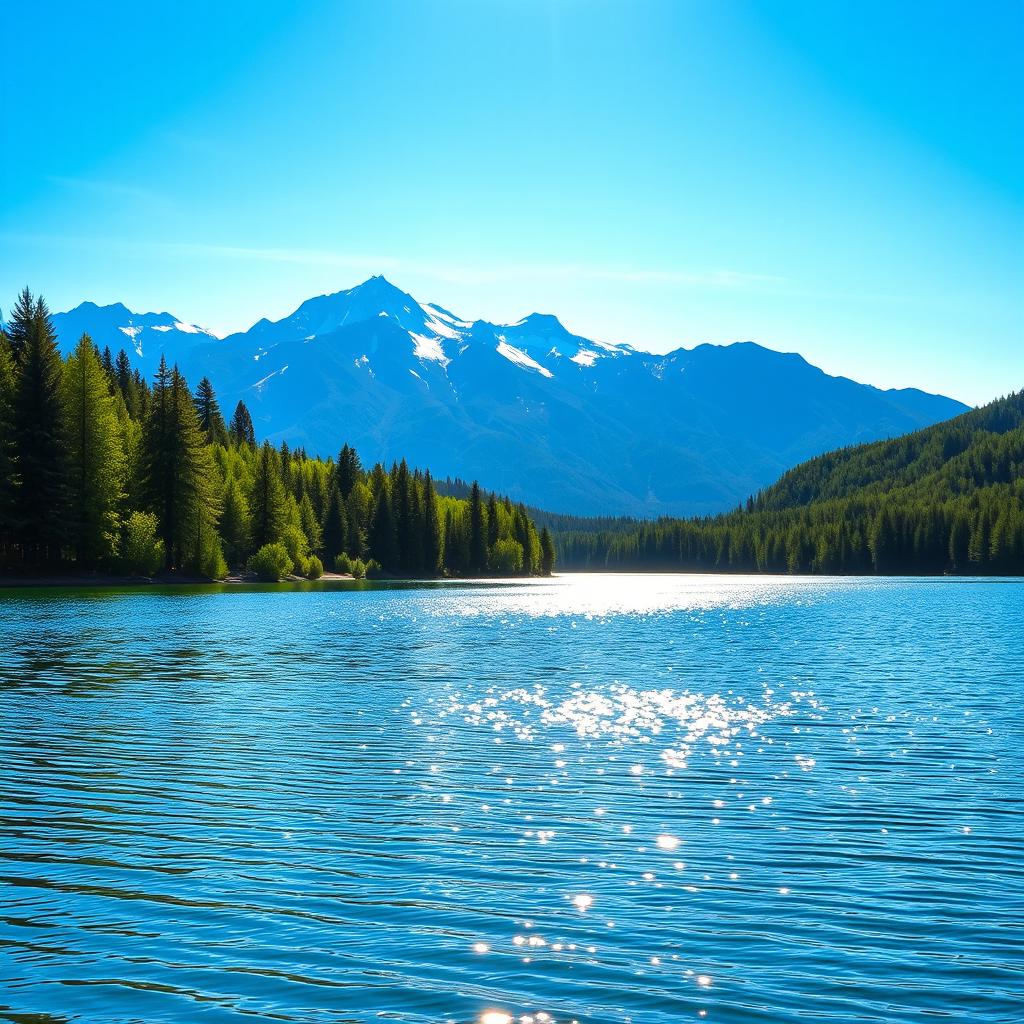 A picturesque landscape showing a serene lake surrounded by lush green trees and a bright blue sky