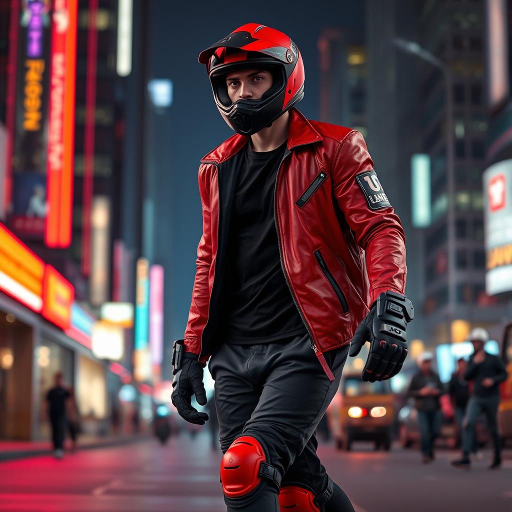 A man in a dirt motorcycle helmet, wearing a striking red leather open jacket over a black shirt