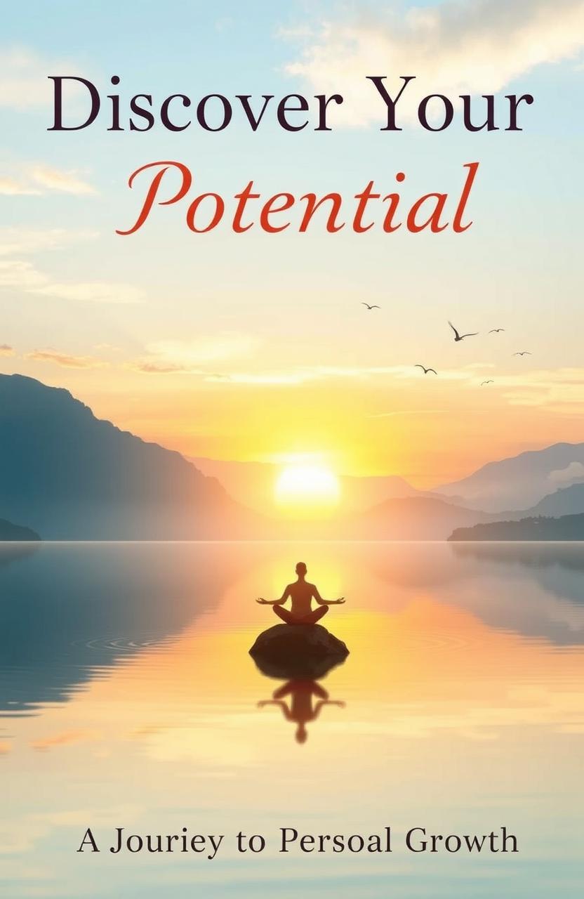 A motivational self-help book cover featuring a serene landscape with a sunrise over a calm lake reflecting the warm colors of the sky