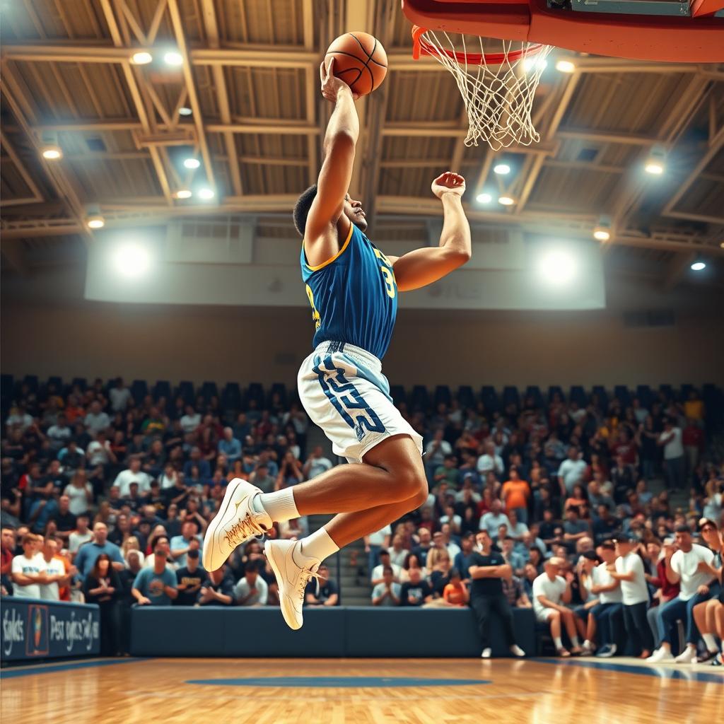 A dynamic scene depicting a basketball player in mid-air shooting a basketball towards the hoop