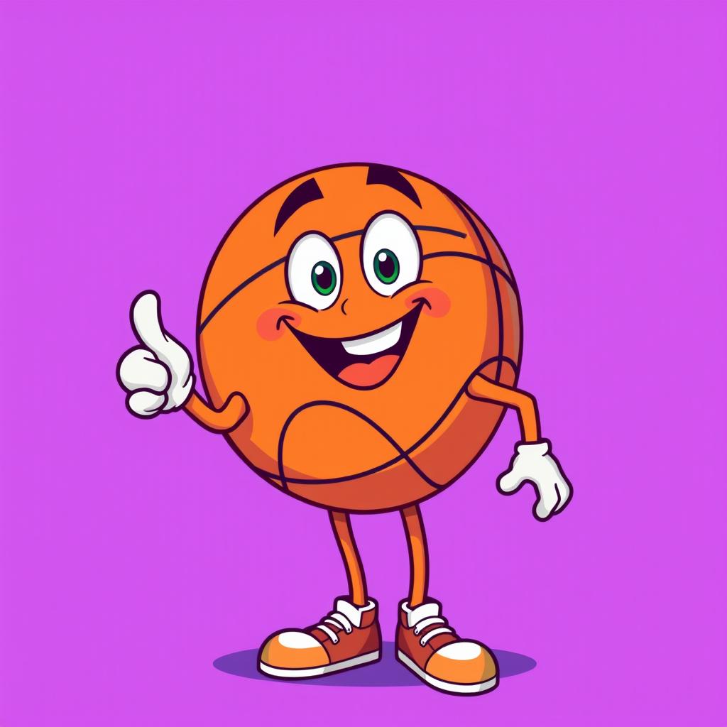 A lively basketball character with expressive legs and arms, playfully pointing towards the viewer with a joyful demeanor, set against a vibrant purple background that enhances its energetic personality