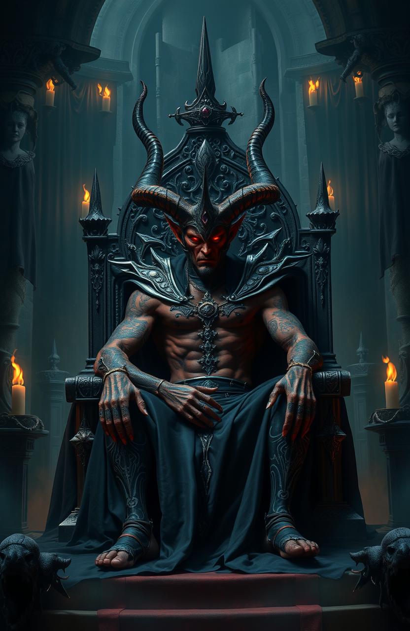 A powerful demonic emperor sitting on a grand throne in a dark, ominous throne room