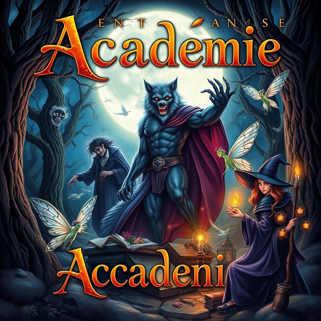 A mystical and enchanting book cover illustration featuring an Académie setting