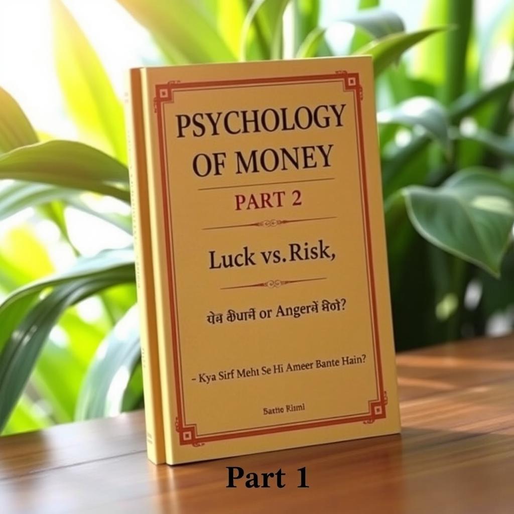 A hardcover book titled 'Psychology of Money Part 2' standing upright on a wooden table, with a natural green plant background