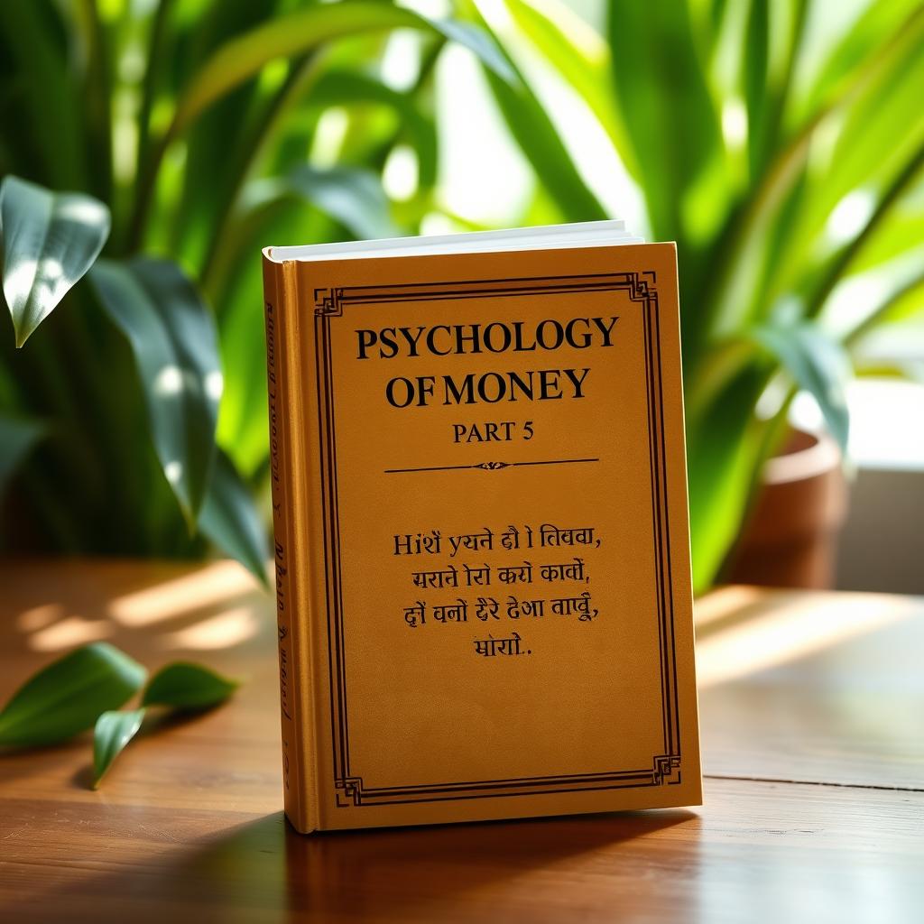 A hardcover book titled 'Psychology of Money Part 5' standing upright on a wooden table, with a natural green plant background