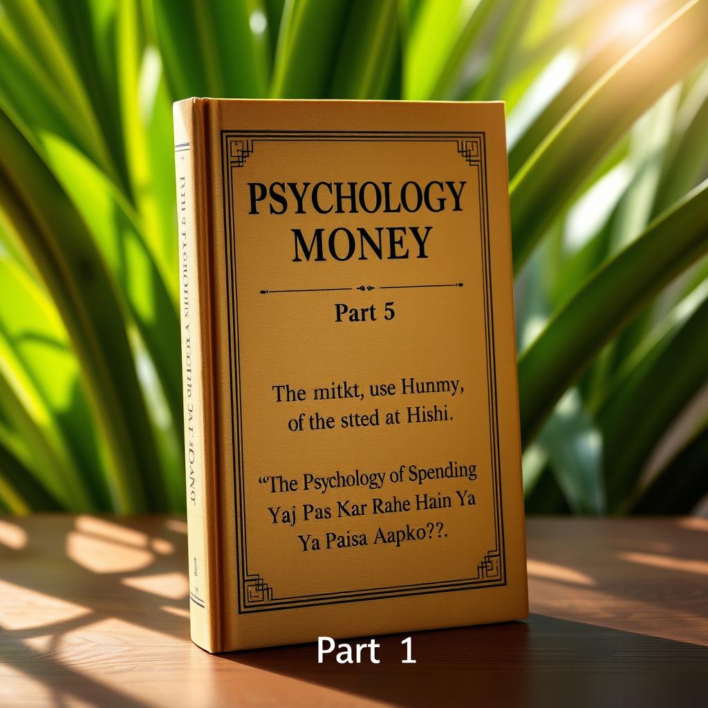 A hardcover book titled 'Psychology of Money Part 5' standing upright on a wooden table, with a natural green plant background