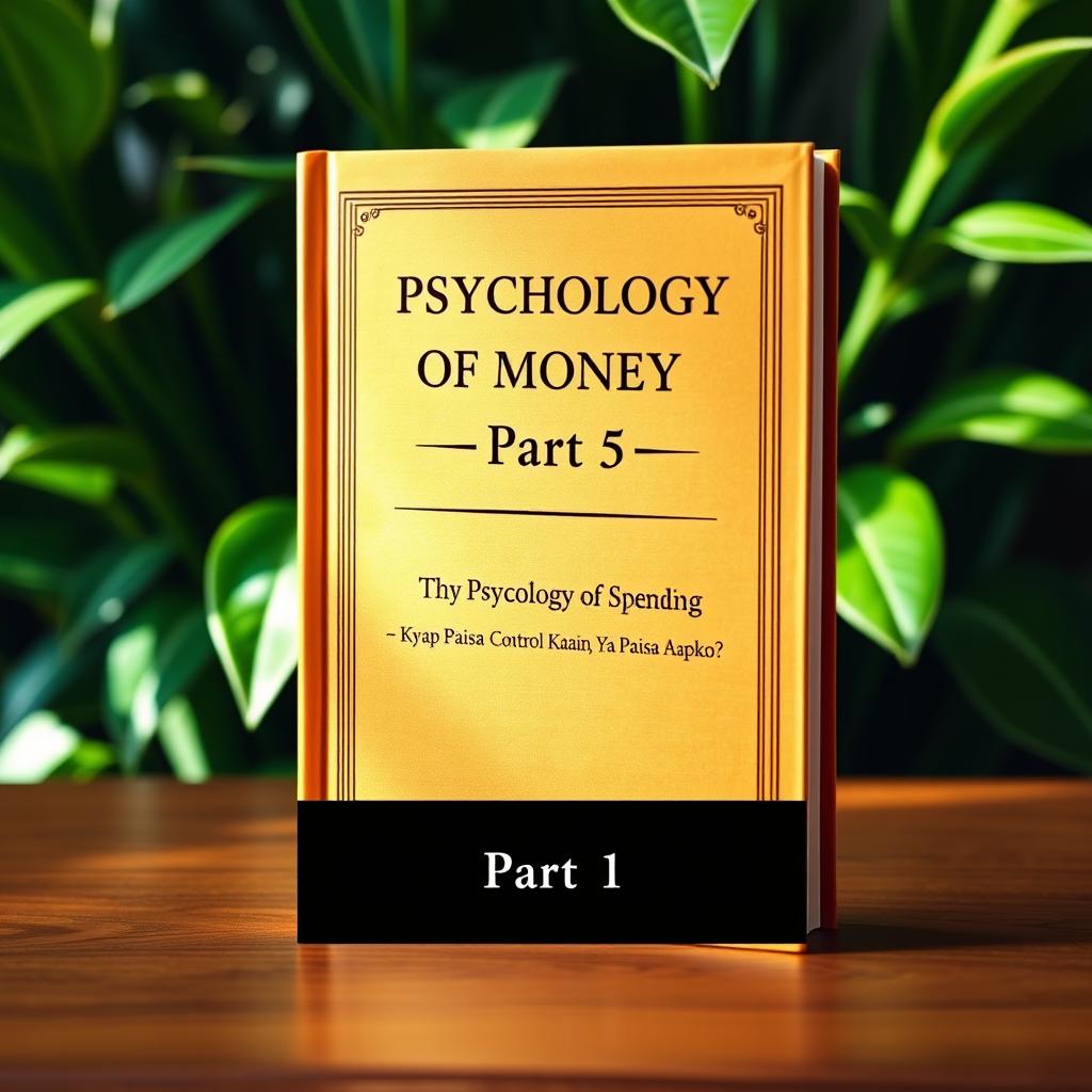 A hardcover book titled 'Psychology of Money Part 5' standing upright and perfectly straight on a wooden table, with a natural green plant background