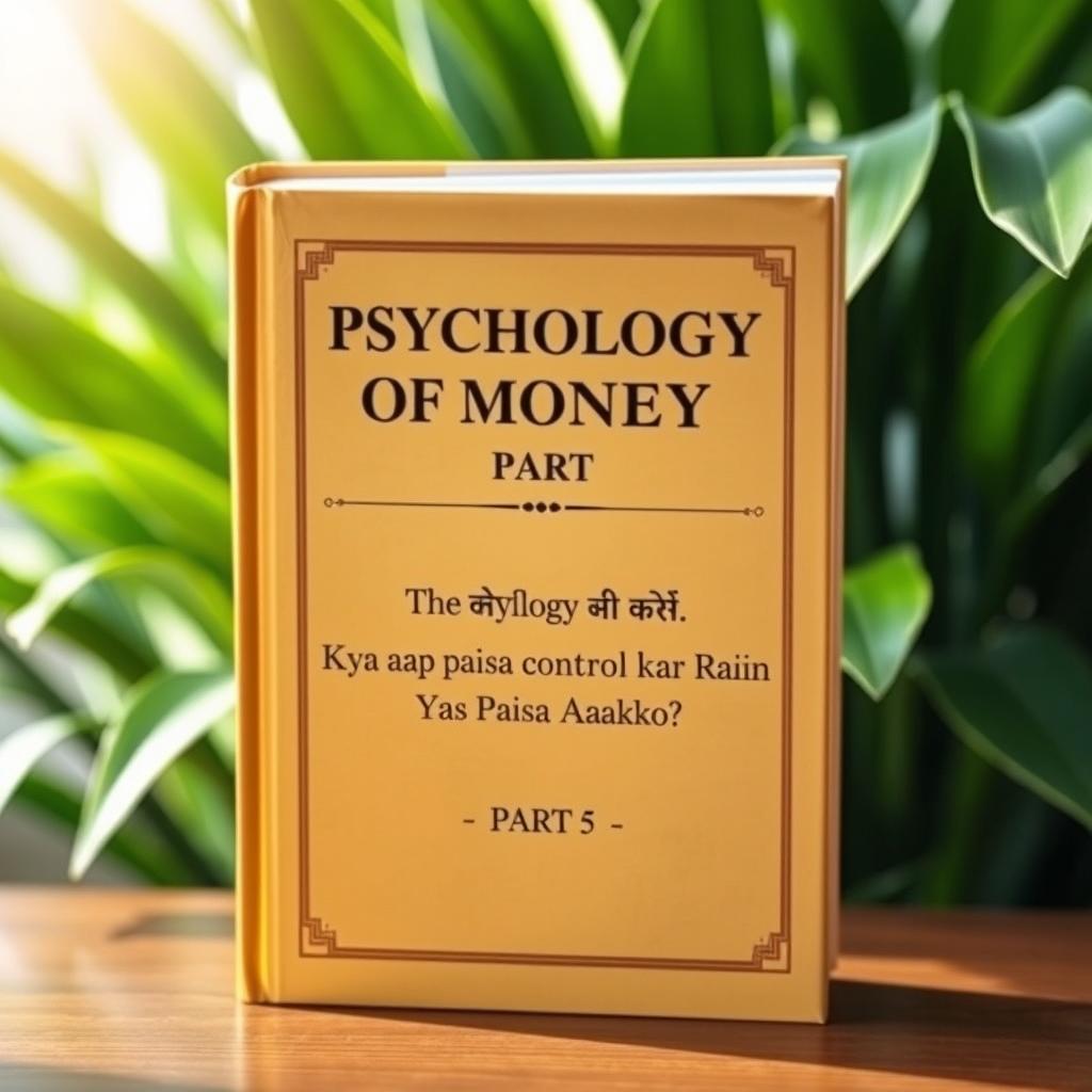 A hardcover book titled 'Psychology of Money Part 5' standing upright and perfectly straight on a wooden table, with a natural green plant background