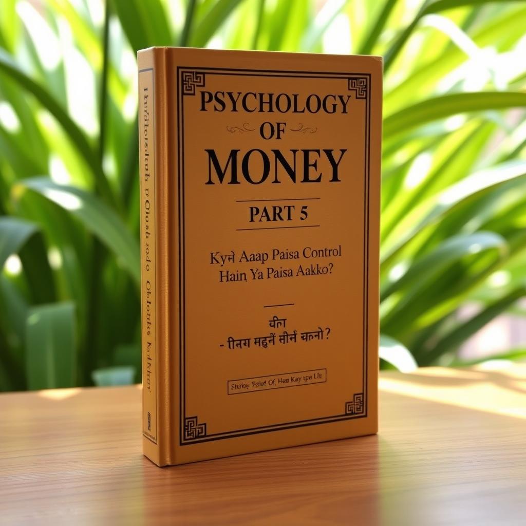 A hardcover book titled 'Psychology of Money Part 5' standing upright and perfectly straight on a wooden table, against a natural green plant background