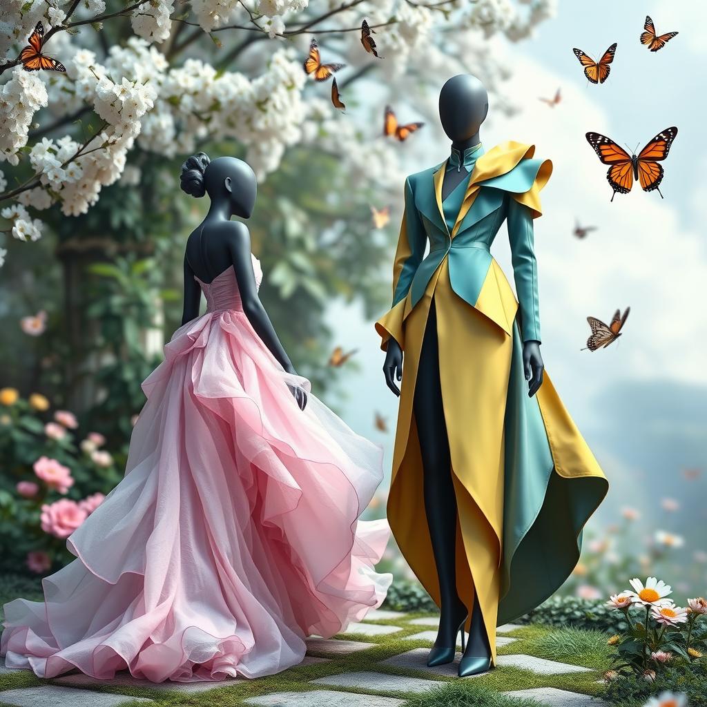 A creative design featuring 2 outfits inspired by the concept of emerging from a cocoon