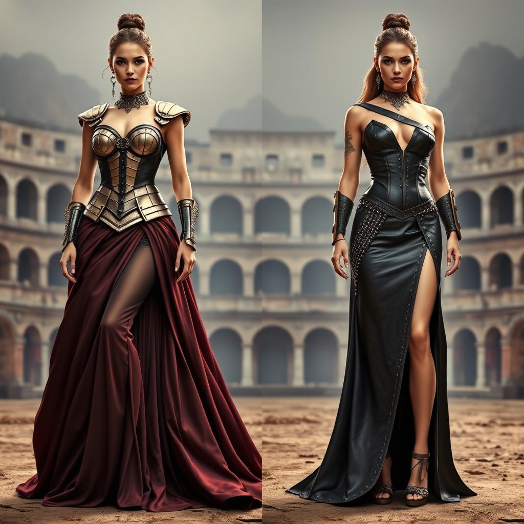 A stunning design featuring 2 evening gowns inspired by the concept of female gladiators
