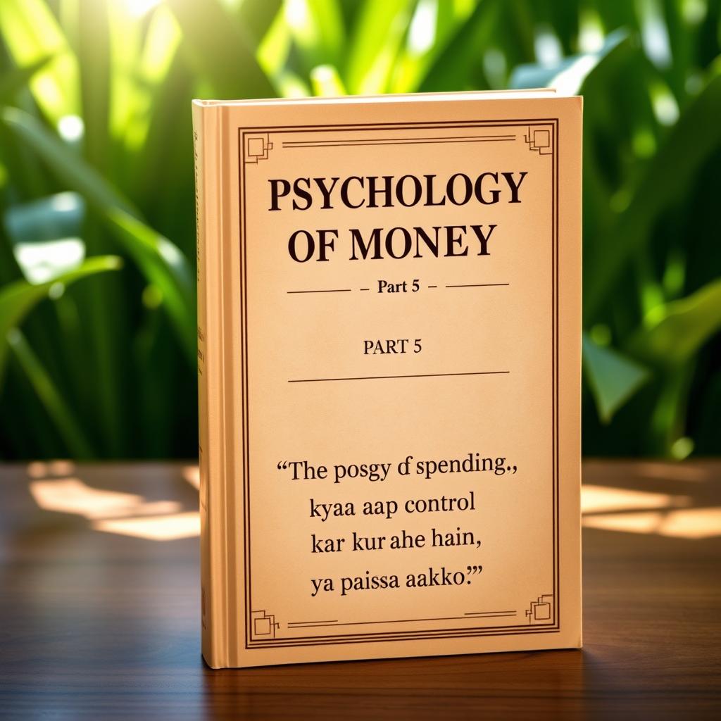 A hardcover book titled 'Psychology of Money Part 5' standing upright on a wooden table, featuring a natural green plant background