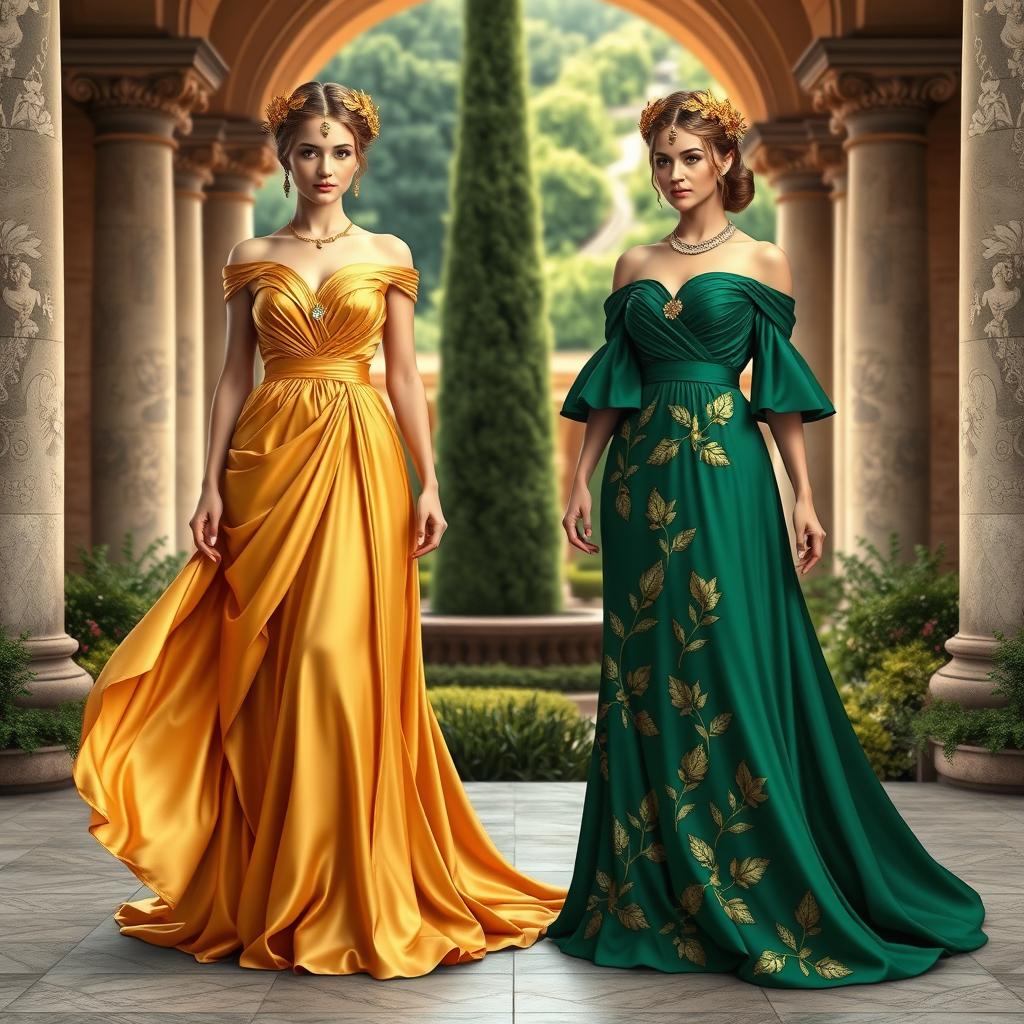 A captivating design featuring 2 evening gowns inspired by the concept of Roman goddesses