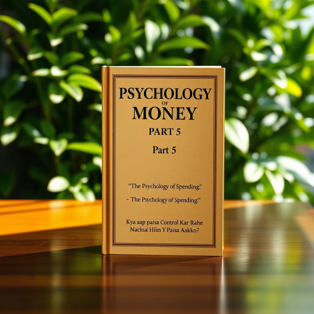 A straight, well-aligned image of a hardcover book titled 'Psychology of Money Part 5', standing upright on a polished wooden table