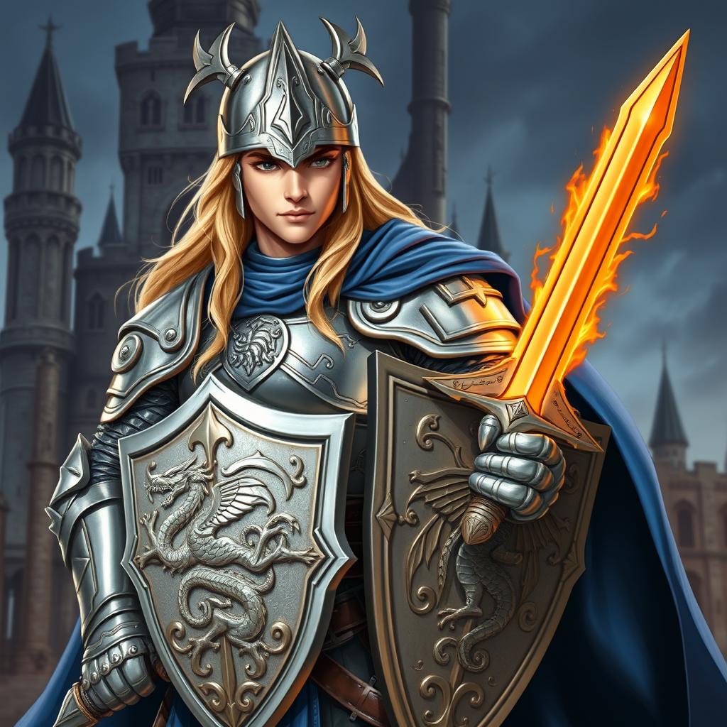 A young and handsome noble paladin from a classic role-playing game, depicted in full body