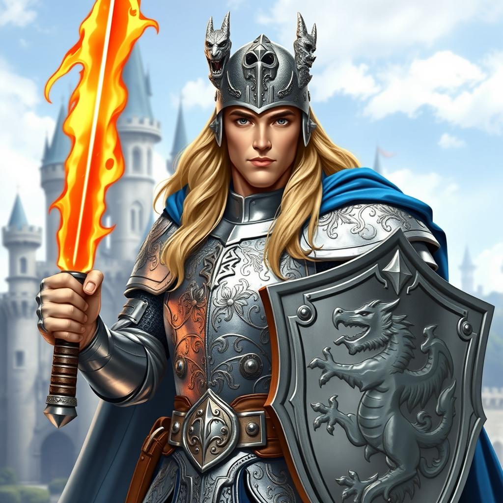 A handsome noble paladin from a classic role-playing game, depicted in full body