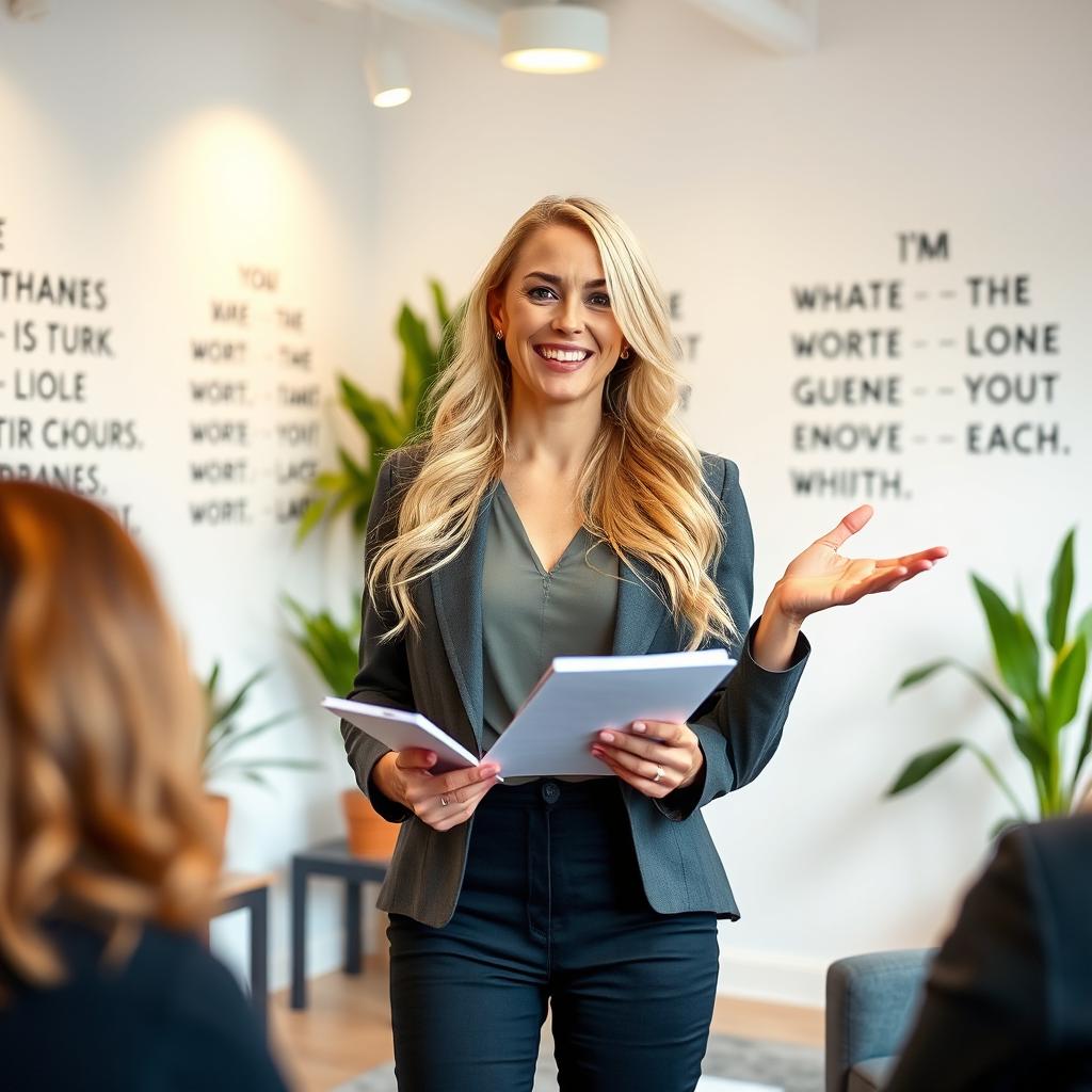 A dynamic and lively blonde female life coach in a bright, cheerful office space