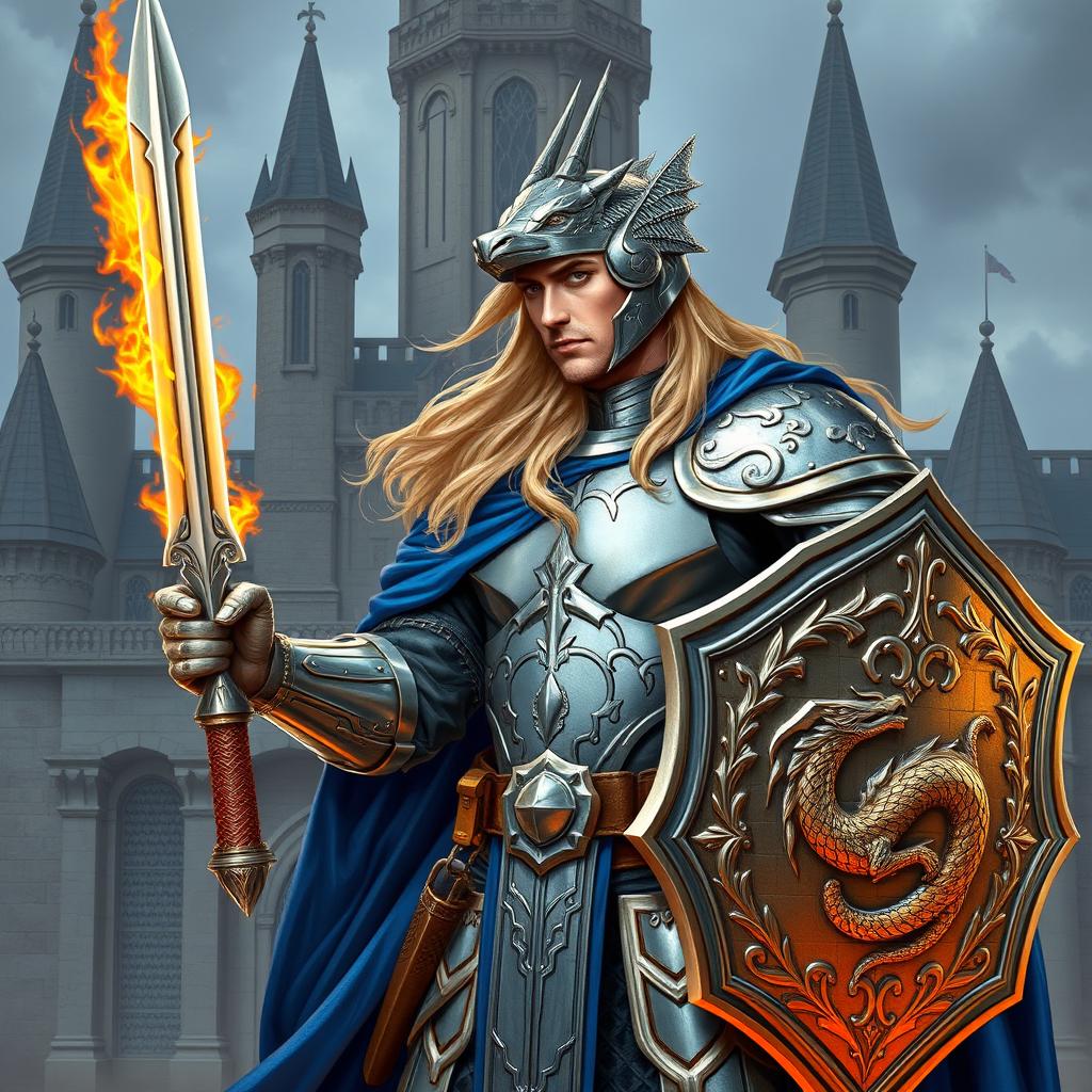 A handsome noble paladin in full body, featuring immaculate silver armor adorned with intricate dragon designs