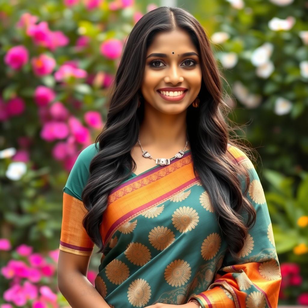 A stunning 30-year-old Tamil woman elegantly dressed in a traditional saree, showcasing rich colors and intricate patterns