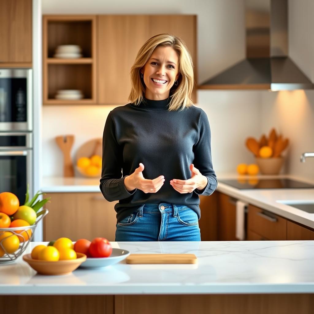 A female life coach in a modern kitchen setting, standing confidently at a kitchen island