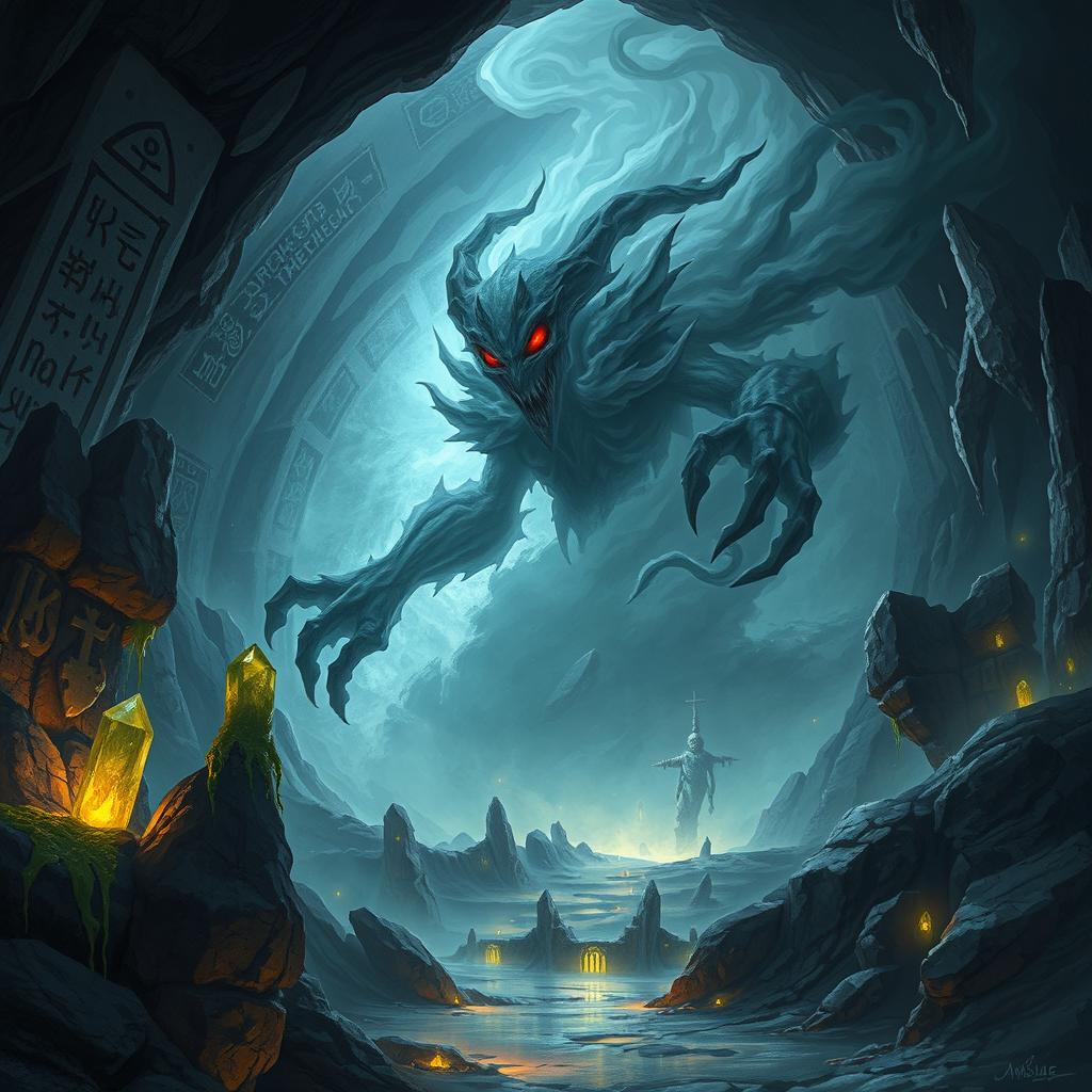 An epic fantasy illustration of Achescar, the Devourer, awakening in a foreboding cavern