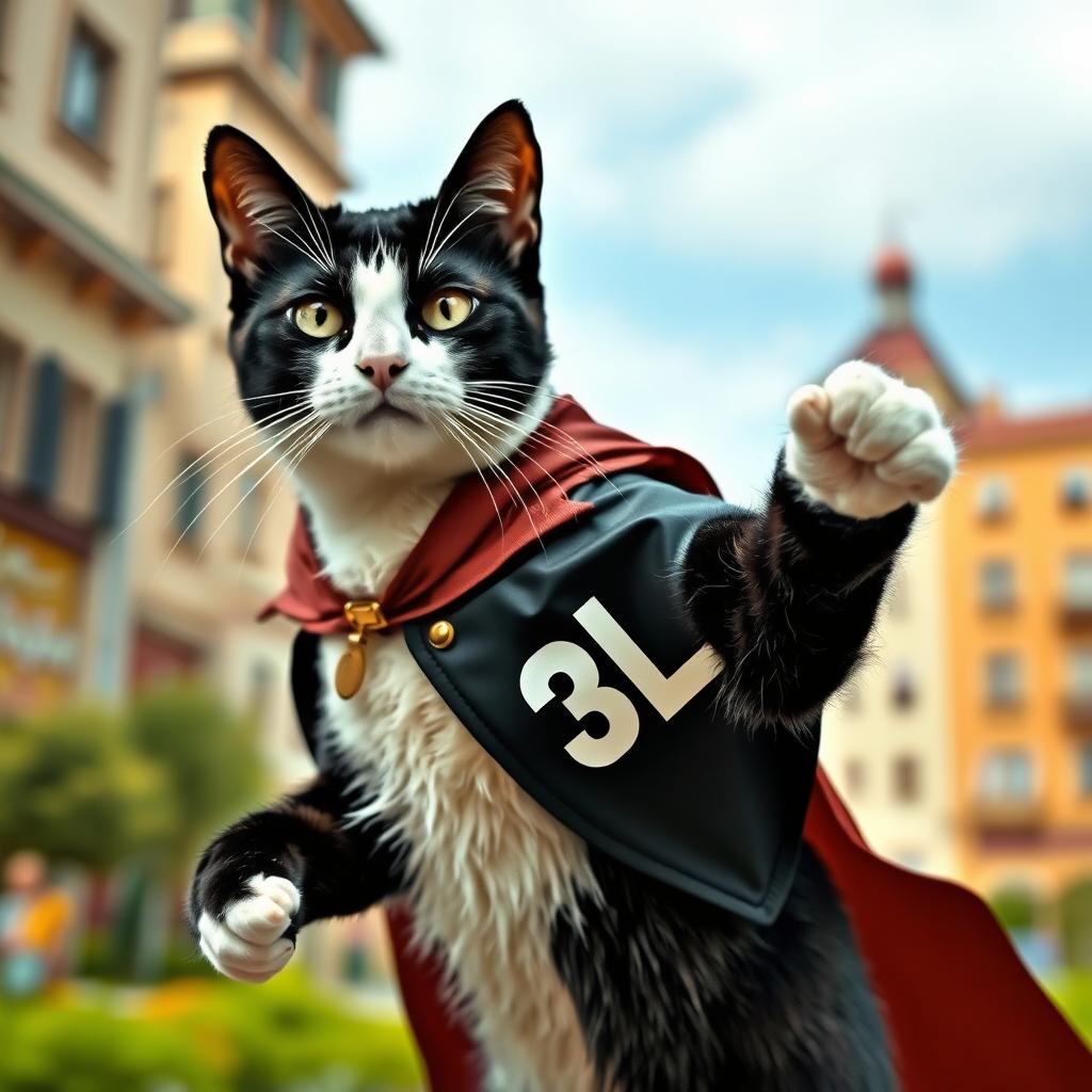 A stylish black and white cat dressed in a superhero cape with the letters '3LL' prominently displayed on it