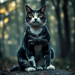 A fierce black and white warrior cat sitting confidently, showcasing its strong build and dynamic posture