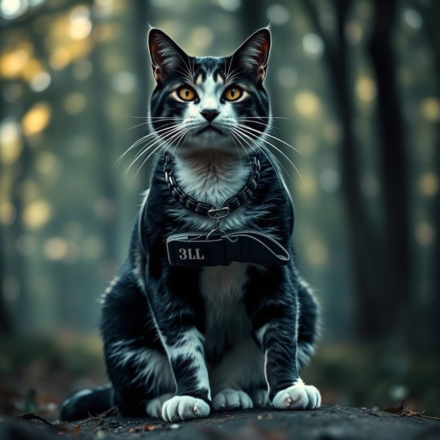 A fierce black and white warrior cat sitting confidently, showcasing its strong build and dynamic posture