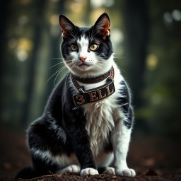 A fierce black and white warrior cat sitting confidently, showcasing its strong build and dynamic posture