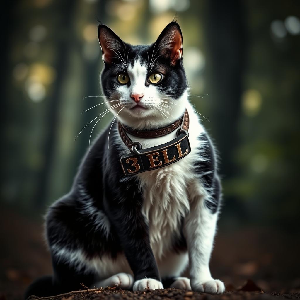 A fierce black and white warrior cat sitting confidently, showcasing its strong build and dynamic posture