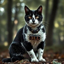 A fierce black and white warrior cat sitting confidently, showcasing its strong build and dynamic posture