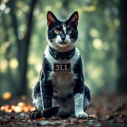 A fierce black and white warrior cat sitting confidently, showcasing its strong build and dynamic posture