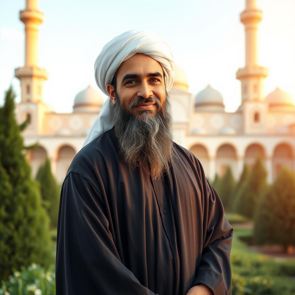 A serene portrait of a Shia cleric dressed in traditional Islamic attire, featuring a long black robe and a white turban, symbolizing wisdom and spirituality