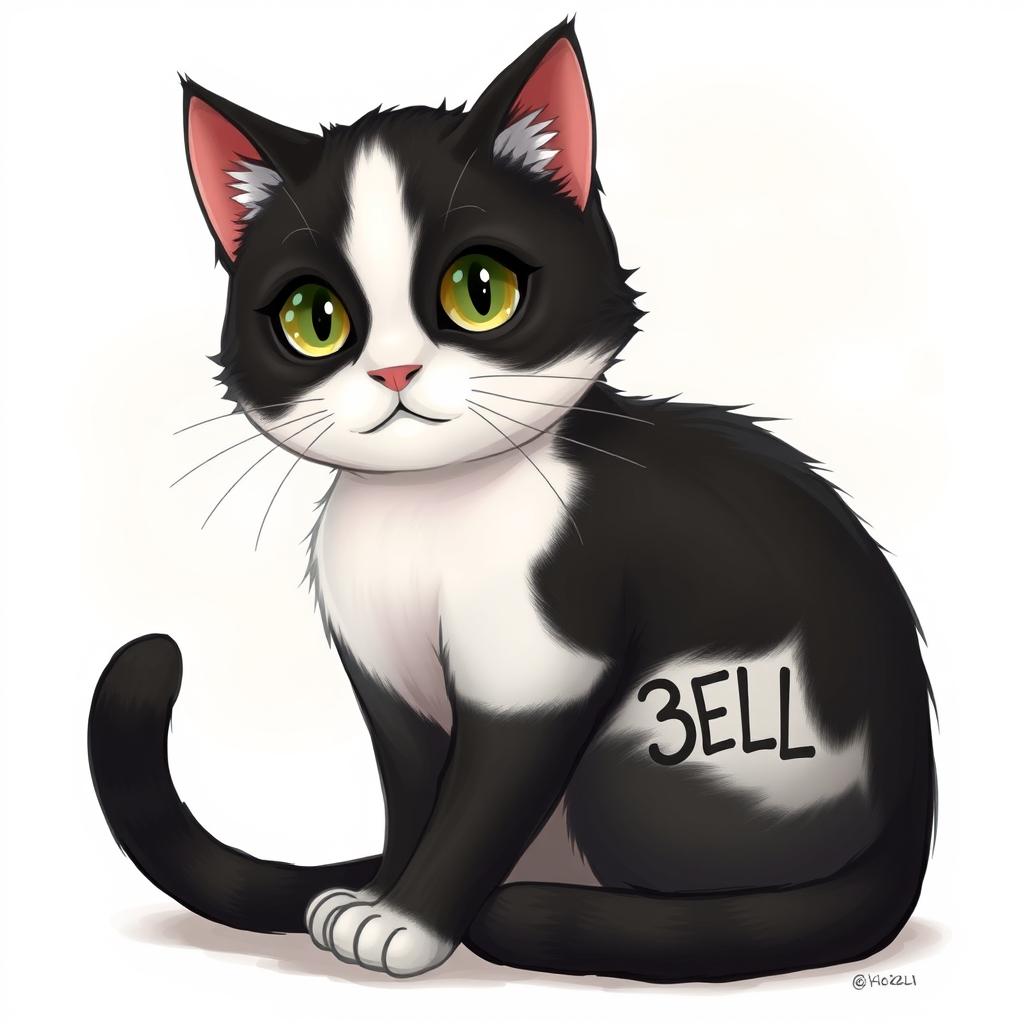 A detailed illustration of a black and white cat with expressive eyes, adorned with a unique tattoo of '3LL' on its side