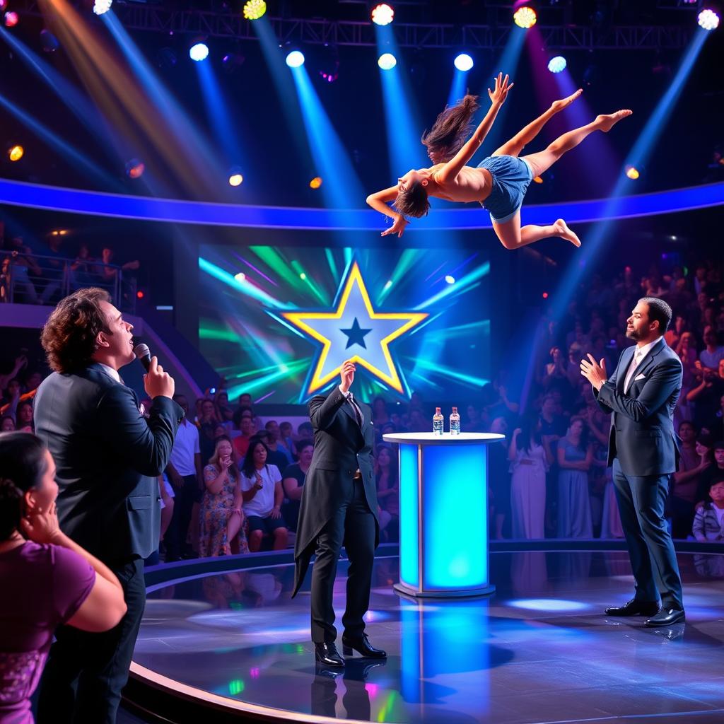 A vibrant stage scene from an international talent show, featuring diverse performers showcasing their unique talents