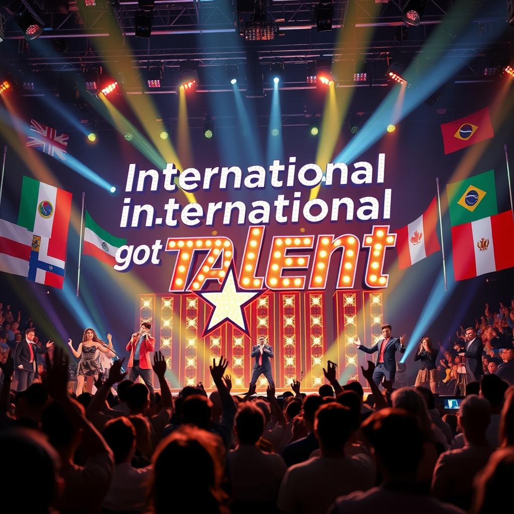 A vibrant and colorful scene featuring a large, illuminated sign that reads 'International Got Talent', set against a dynamic backdrop of an exciting talent show