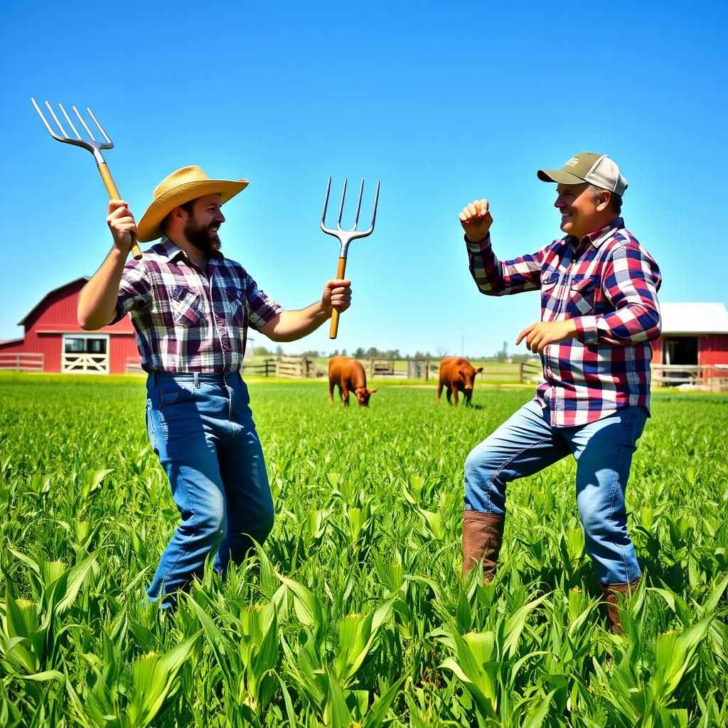 A dynamic scene depicting a farmer in a straw hat and overalls engaged in a friendly competition with another farmer wearing a plaid shirt and a baseball cap
