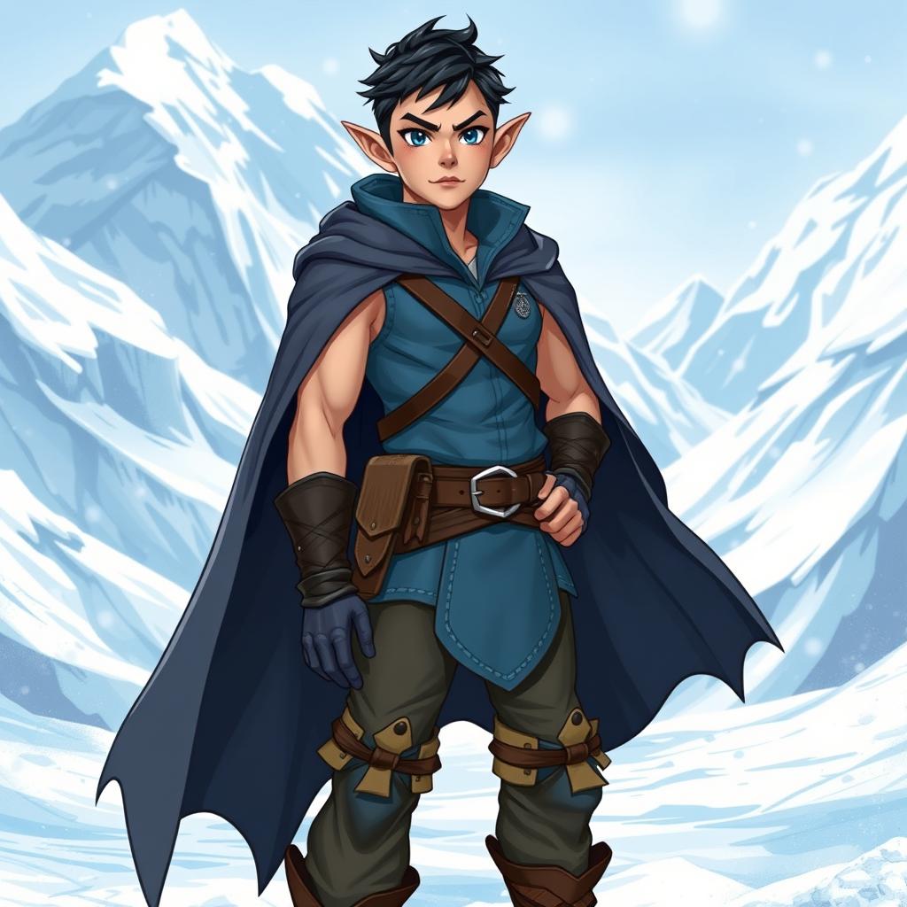 A young and handsome adventurous half-elf with toned muscles and short black hair, clean-shaven, dressed in a stylish blue vest and rugged leather boots