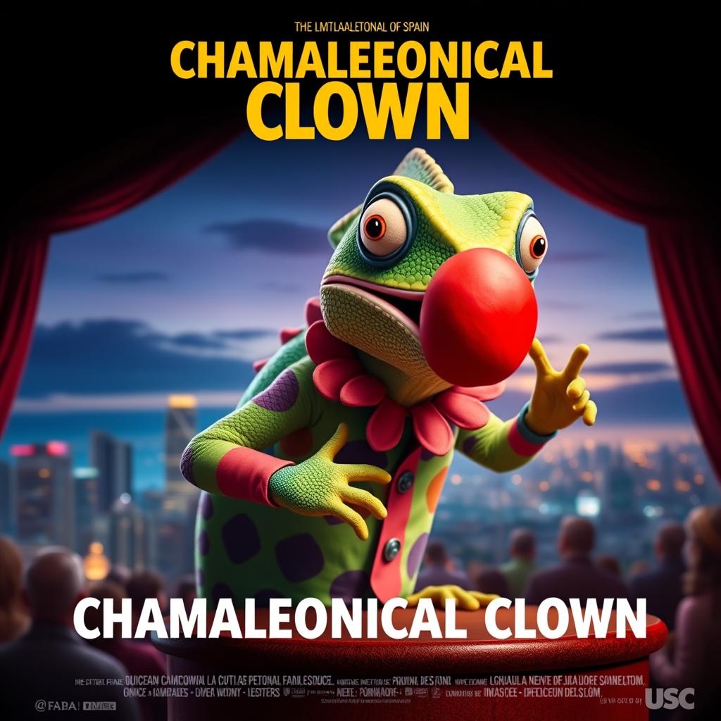 A movie poster for 'CHAMALEONICAL CLOWN', featuring a humanoid chameleon as the main character, dressed in a colorful clown outfit with a big red nose, performing stand-up comedy on a small bar stage