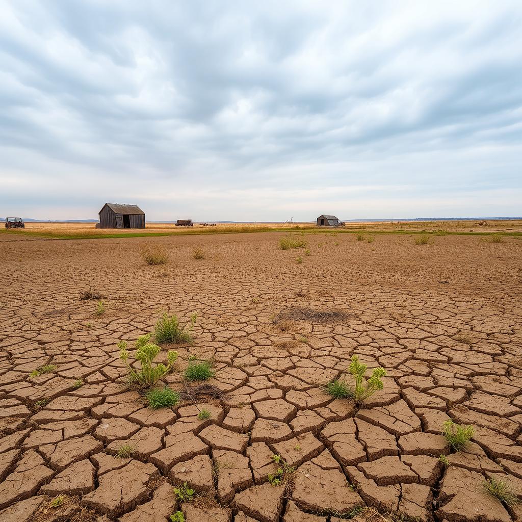 A vast expanse of low-quality farmland characterized by dry, cracked soil and sparse vegetation