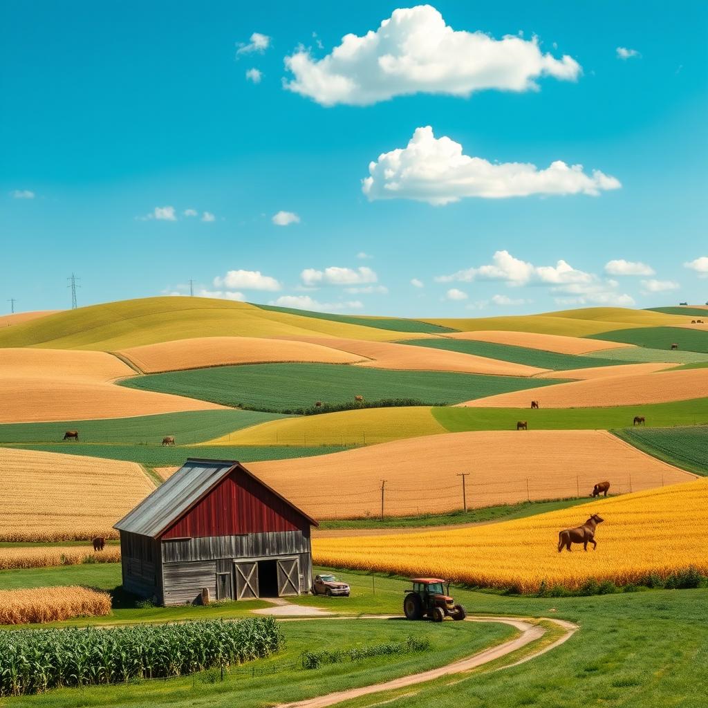 An expansive landscape of average quality farmland, featuring rolling hills covered in a patchwork of crops that include corn, wheat, and soybeans