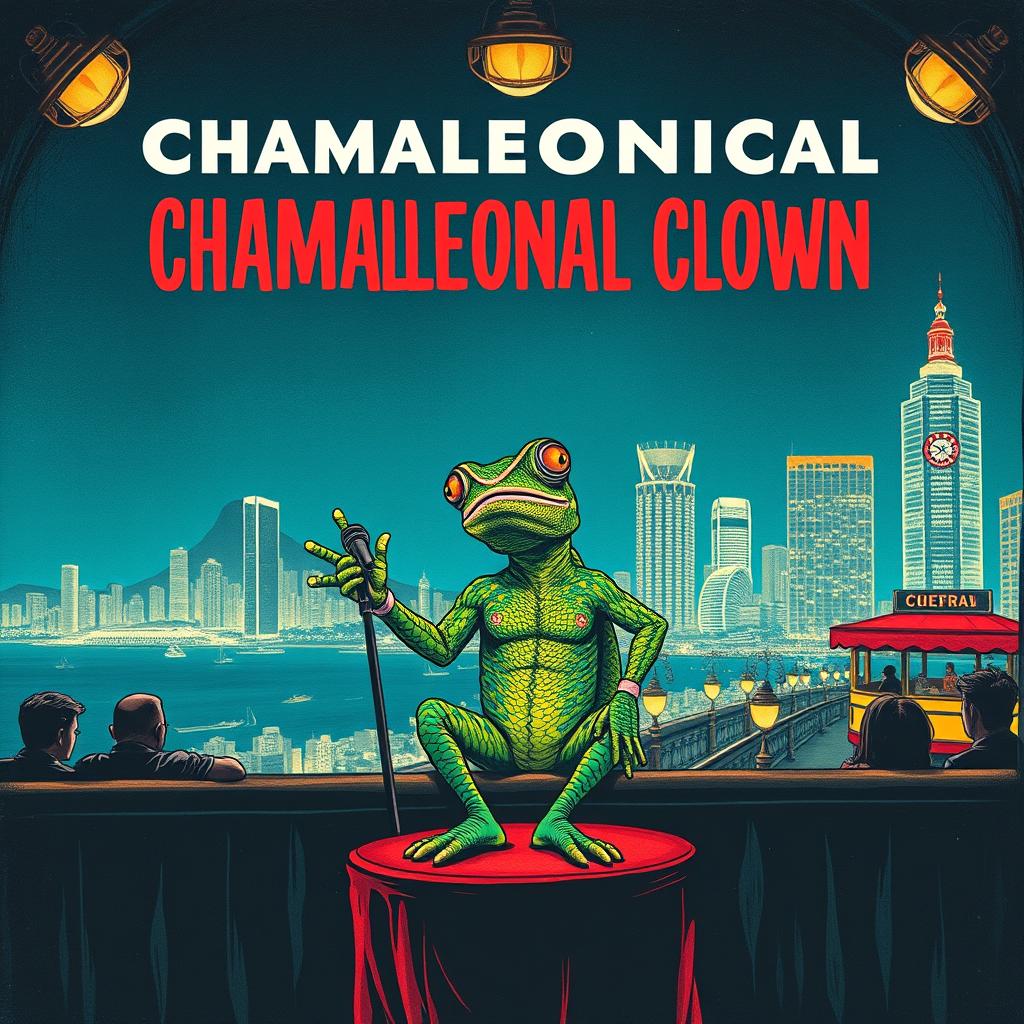 A 1960s noir movie poster for a film titled "CHAMALEONICAL CLOWN", featuring a humanoid chameleon comedian performing on a small bar stage