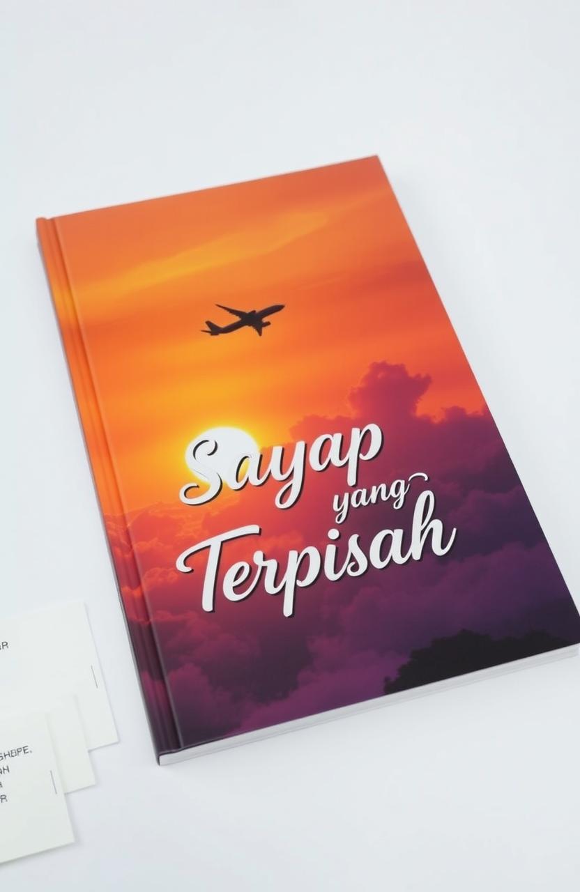 A beautiful sunset sky with a flying airplane, the colors ranging from warm oranges to deep purples